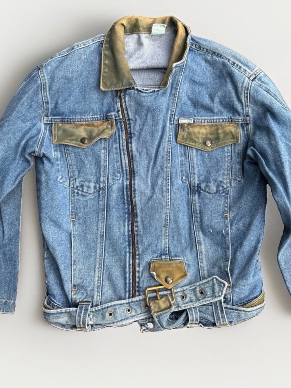 Vintage GUESS Georges Marciano Denim Jacket Womens Leather Accents Size 0 Belted